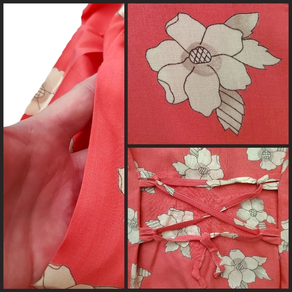 90s skirt shirt floral light v-neck short sleeve midi stretch A-line coral wm 16 - Picture 10 of 11